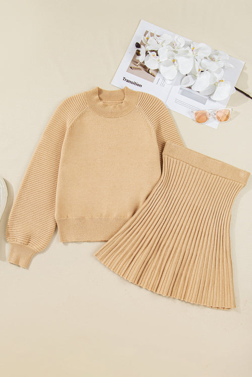 Solid High Neck Sweater and Pleated Mini Skirt Set